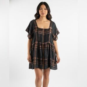 Free People Barcelona Babydoll Dress M Black Cooper Plaid Tunic Square Neck